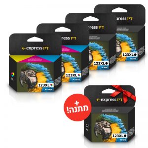 מבצע - ברכישת 2 ראשי דיו שחור ו2 ראשי דיו צבעוני תואם למדפסת HP 123XL , תקבלו צבע שחור במתנה